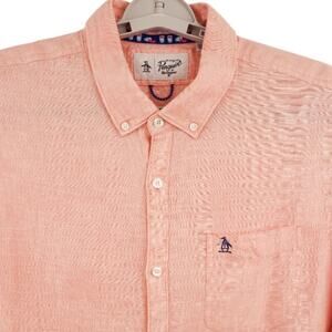 An Original Penguin Linen Button Down Shirt Men XL Salmon Classic Coastal Preppy